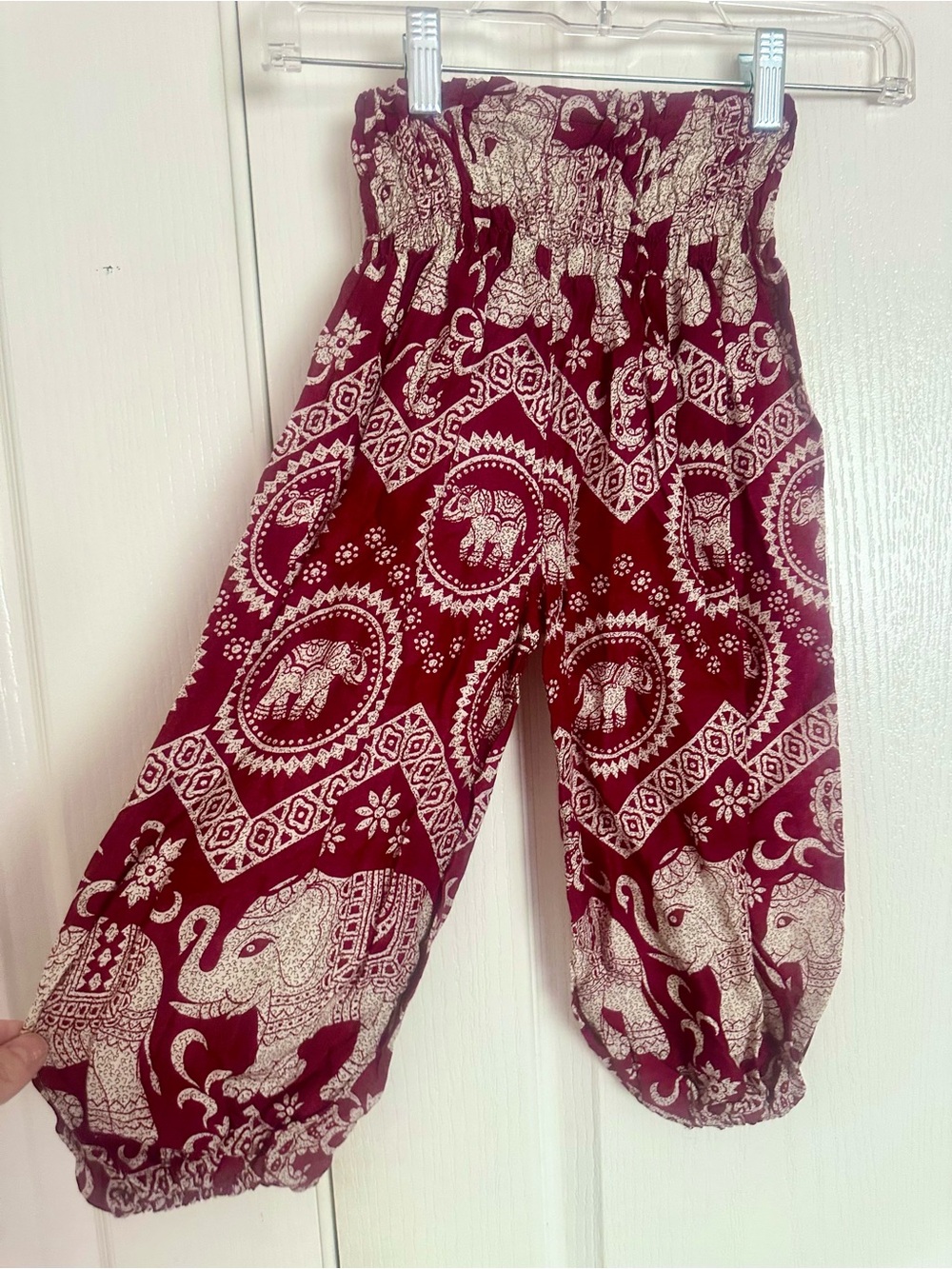 Kid’s Boho Elephant Print Smocked Waist Pants - Burgundy & Cream